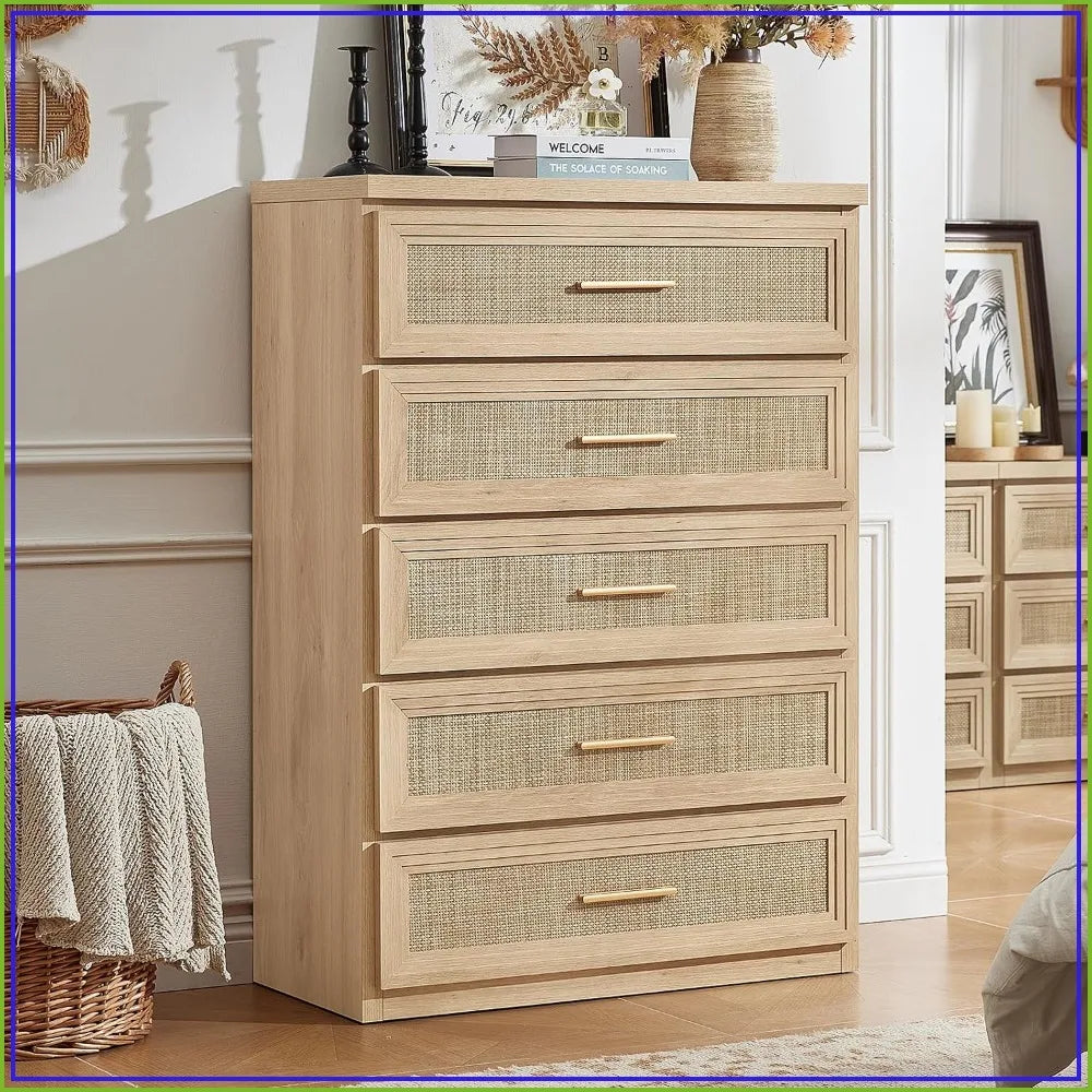 Rattan 5-Drawer Dresser — 45" Tall with Gold Handles
