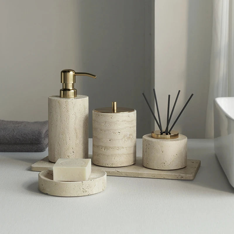 Travertine Bathroom Accessory Set — Soap, Tray & Tissue Box