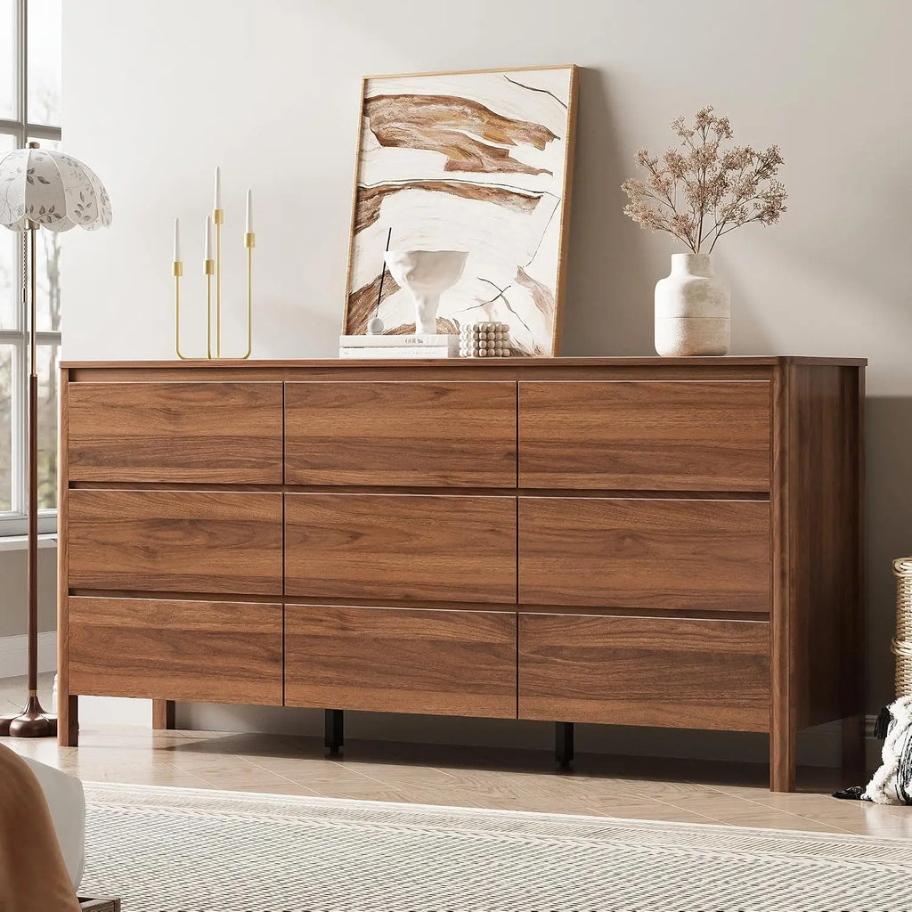 Walnut three-piece dresser and nightstand bedroom set