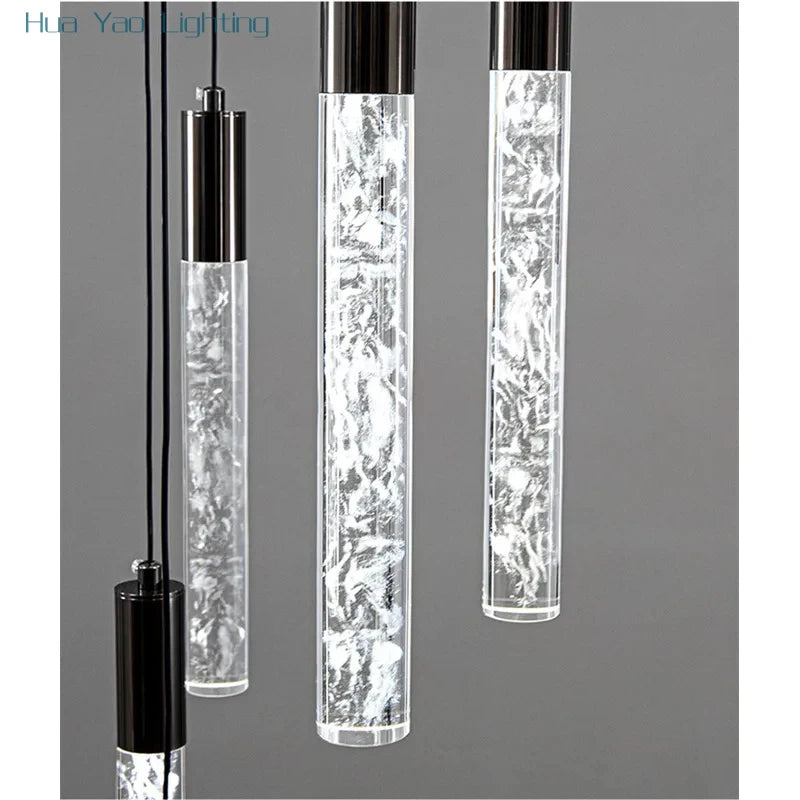 Minimalist cylindrical crystal staircase chandelier