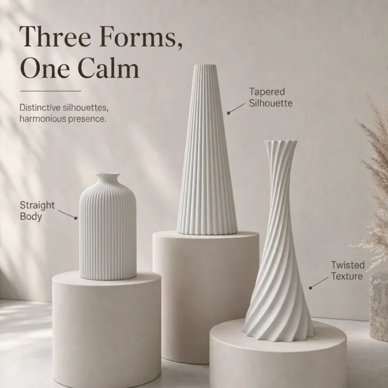 Ribbed Wabi-Sabi 3-Piece Vase Set — Matte Off-White