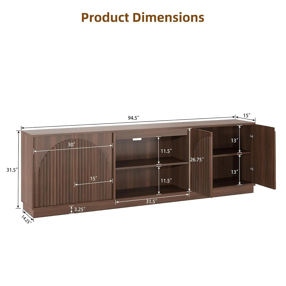 Fluted walnut TV stand with enclosed storage in a living room