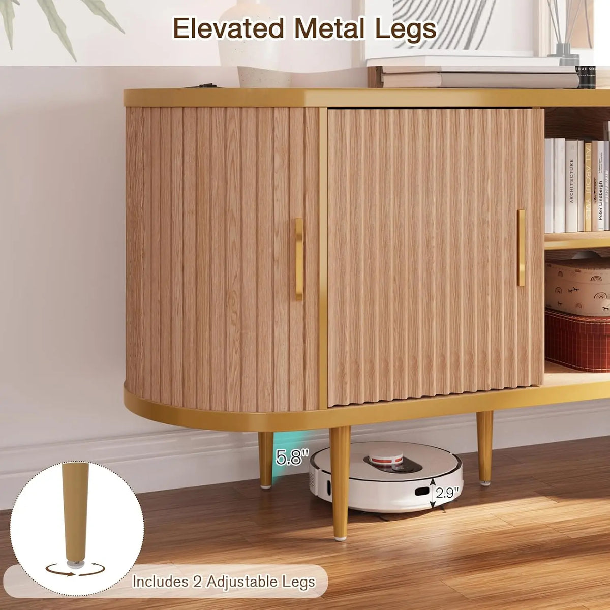 70" Fluted TV Stand — Faux Marble Top, Natural Oak