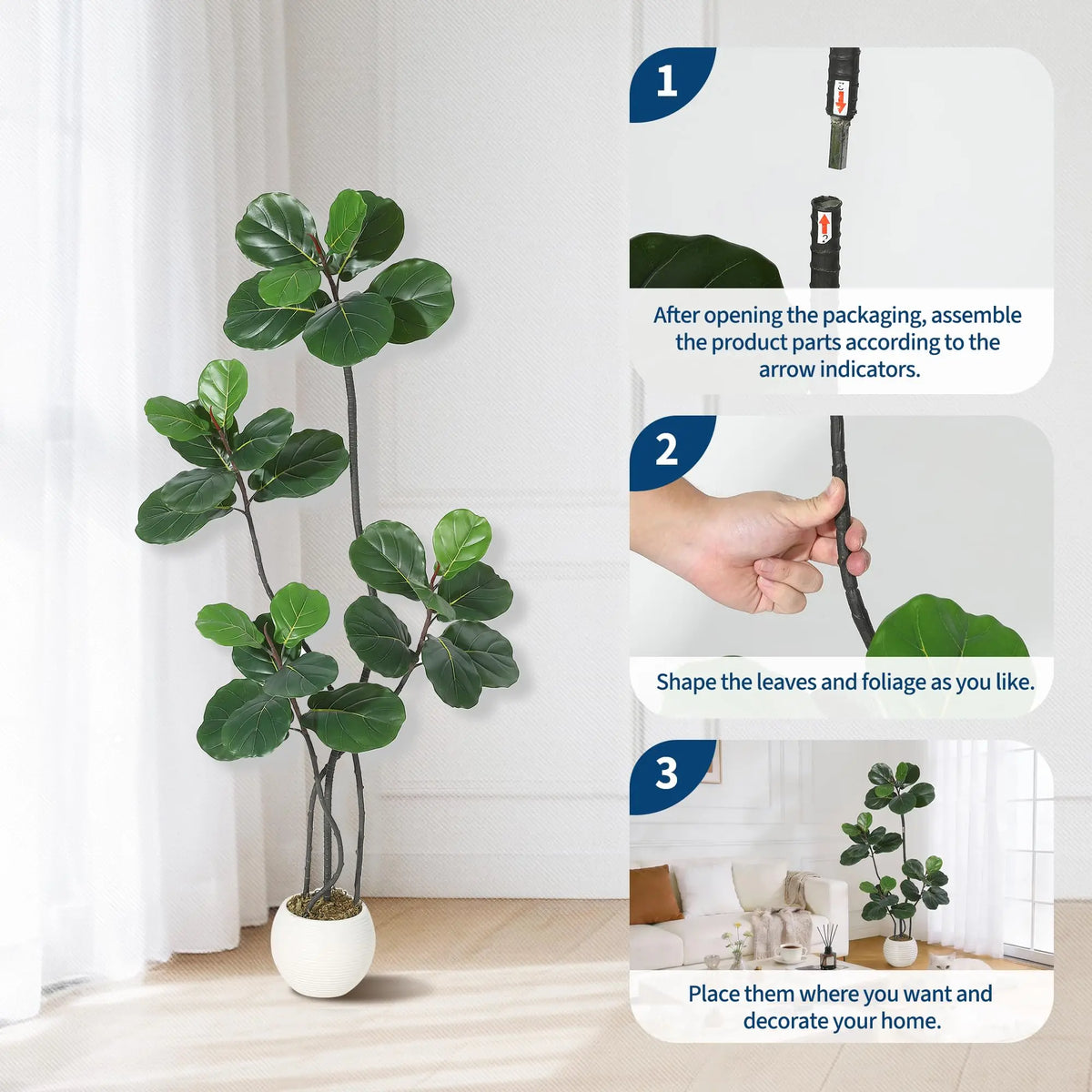GarveeLife Artificial Ficus Lyrata — White Pot, S-Shape Trunk
