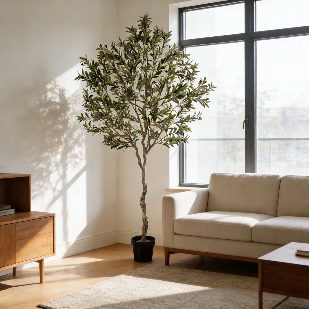 5/6/7/8 Olive Trees Artificial Indoor Faux Olive Tree with Black Pot Silk Fake Plant with Natural Wood Trunk and Lifelike Fruits for Home Office Decor — room setting