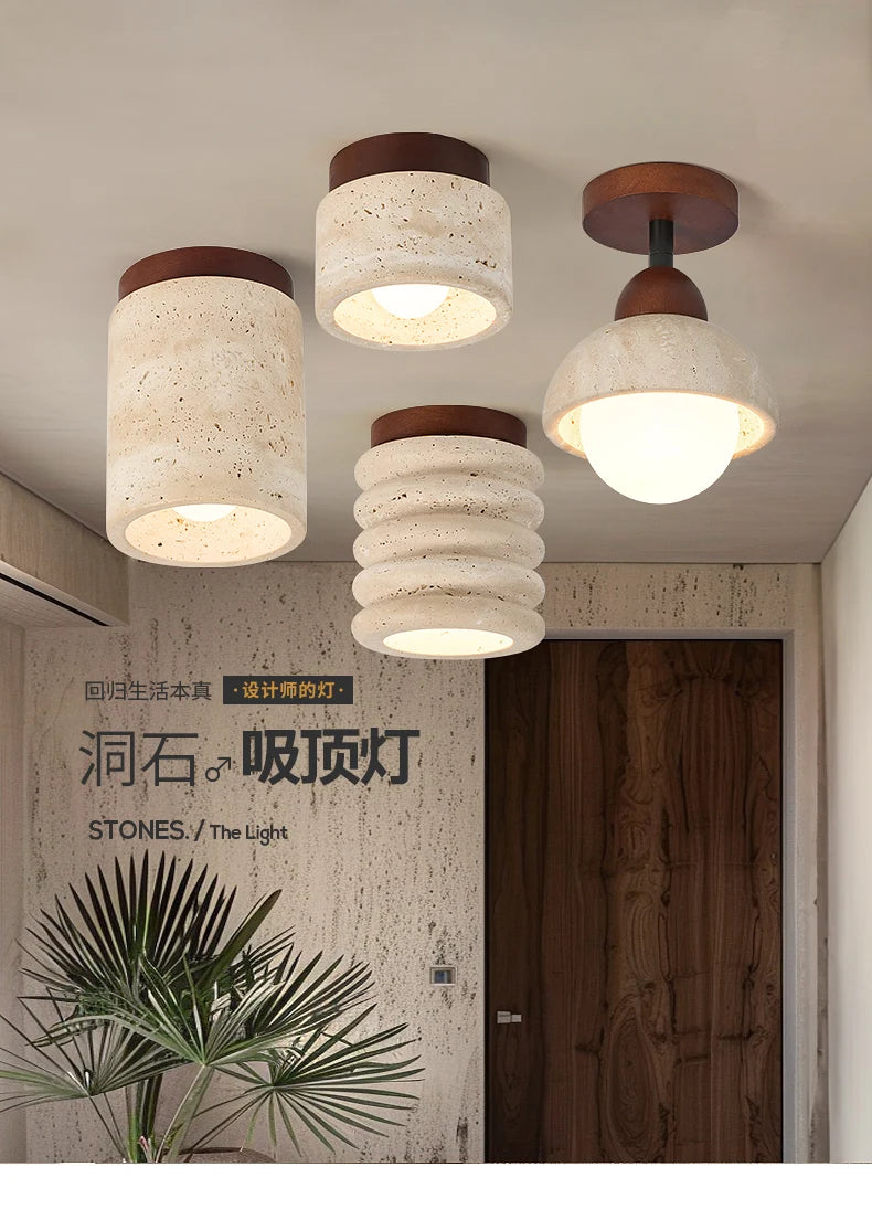 Wabi-Sabi Travertine Ceiling Lamp — Natural Stone & Wood Fixture