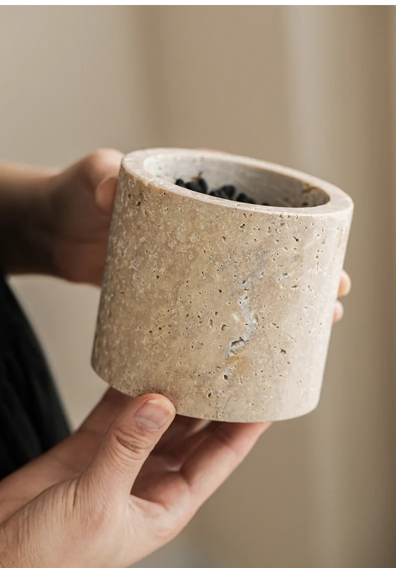 Travertine Cotton Swab Holder — Round Marble Jar, 3.5"