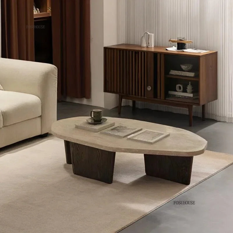 Natural wood low-profile coffee table — design detail view