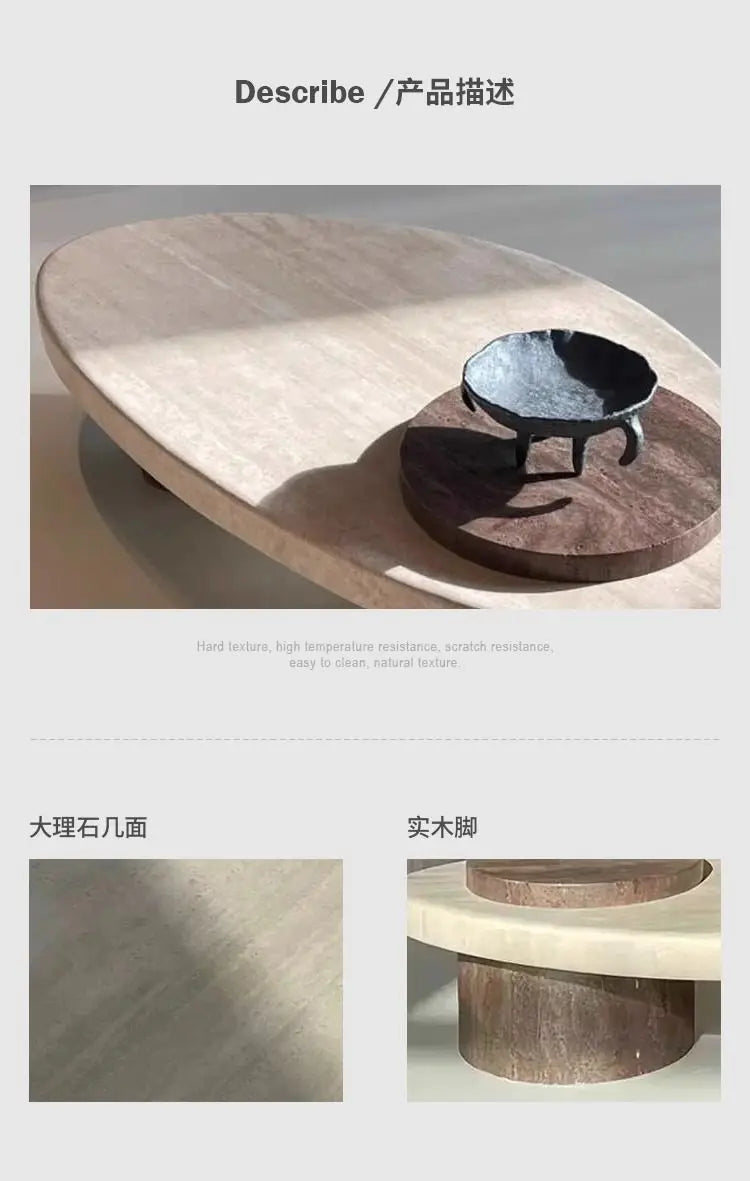 Beige marble coffee table — front detail view
