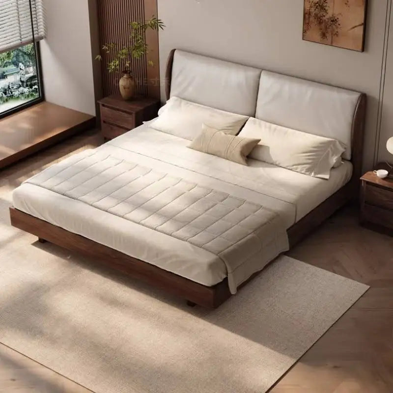 Japandi Walnut Platform Bed - Low Profile Solid Wood