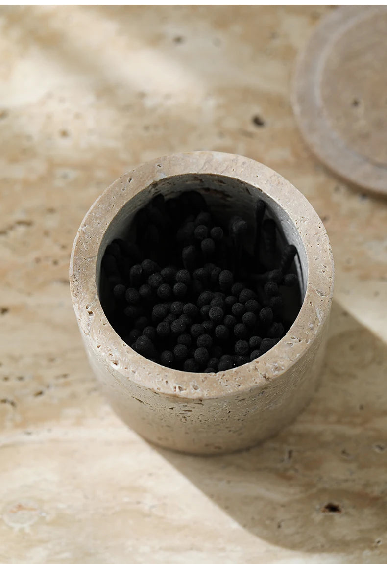 Travertine Cotton Swab Holder — Round Marble Jar, 3.5"