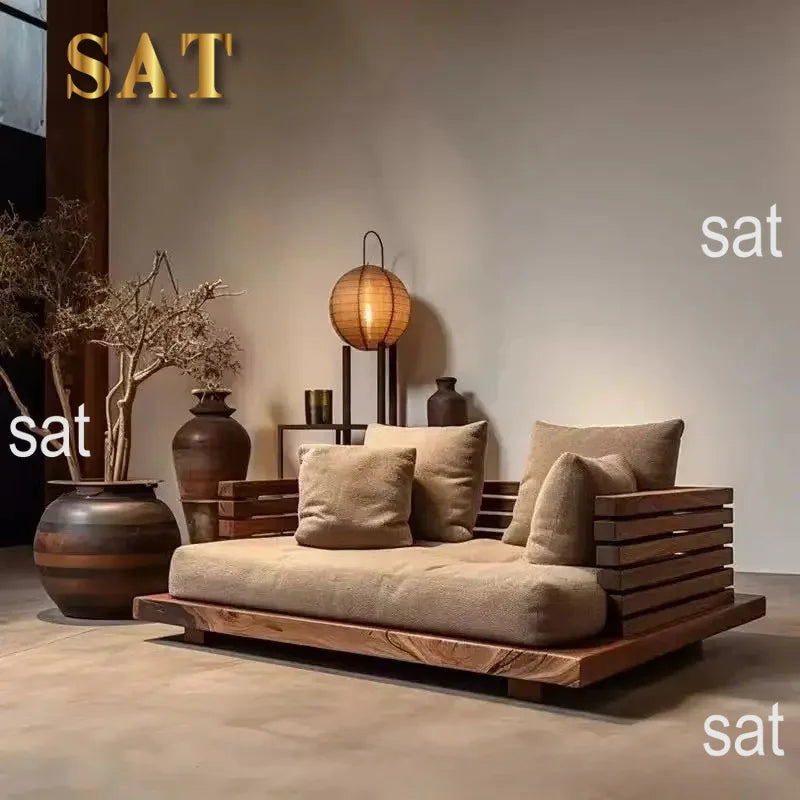 Wabi-Sabi Solid Wood Sofa Bed — Old Elm — close-up detail view