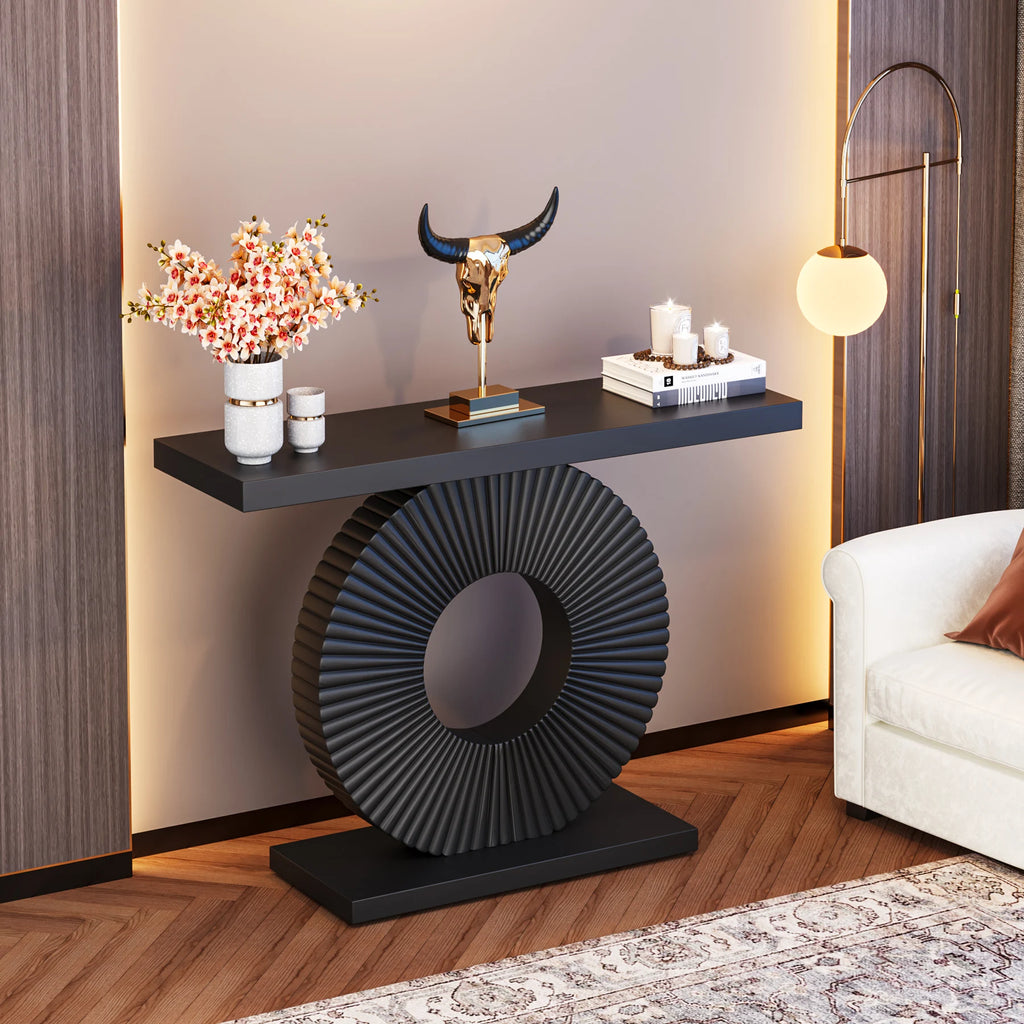 Wood console table with geometric base — front angle detail