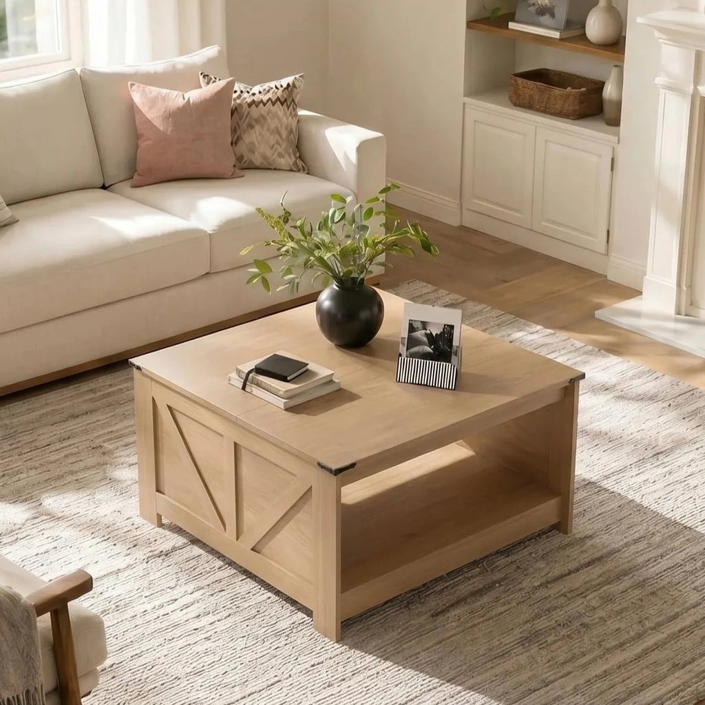 Farmhouse square coffee table in natural oak finish