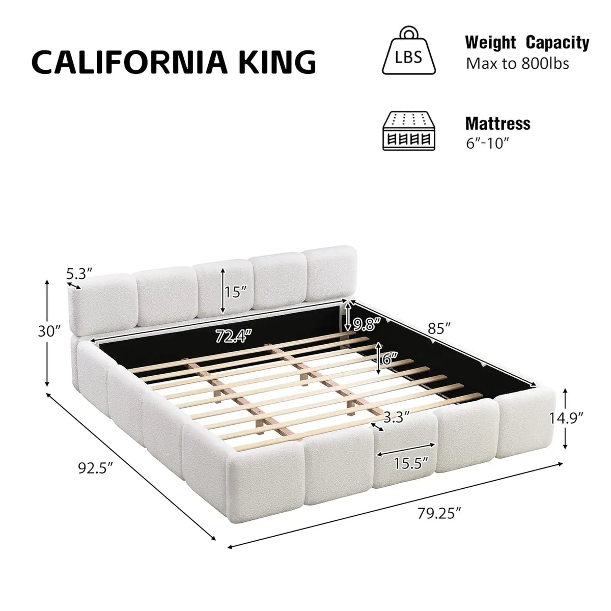 Boucle Upholstered Platform Bed — California King with Headboard
