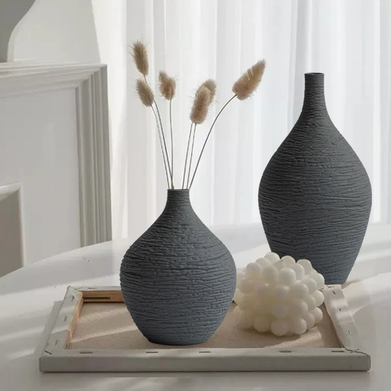 Narrow-Mouth Nordic Ceramic Vase — Beige & Grey