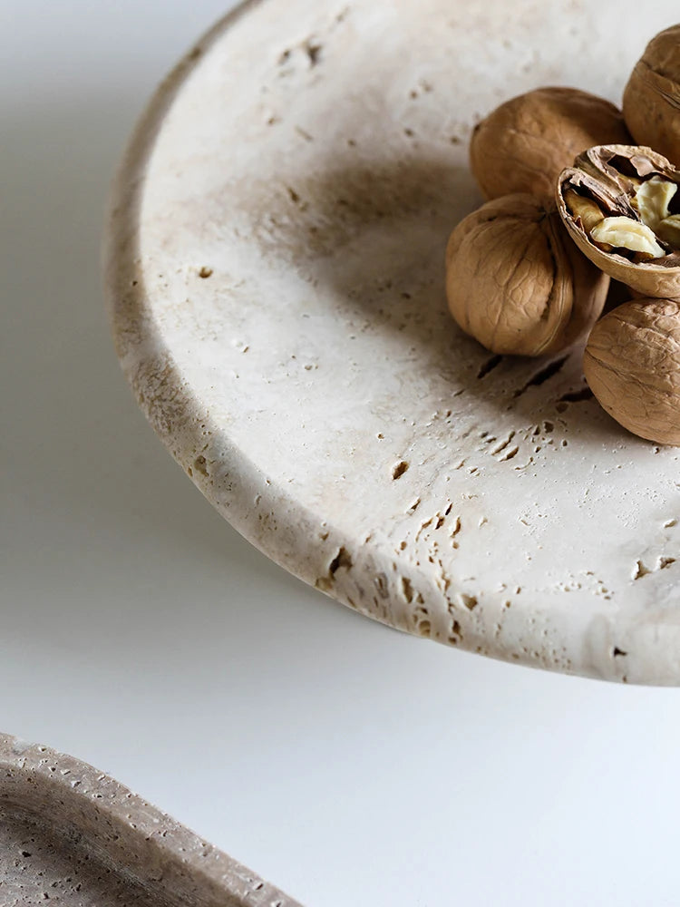 Travertine Reception Tray — Three-Leg Fruit Bowl, 9.6"