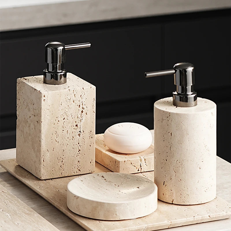 Beige Travertine Bathroom Accessory Set — 9-Piece