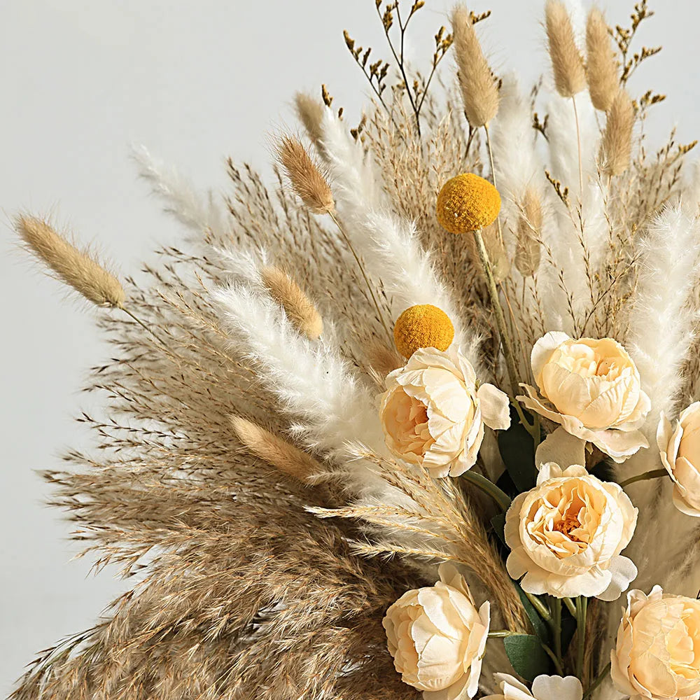 Faux Peony & Pampas Mix Bouquet — Dried-Look Boho Centerpiece