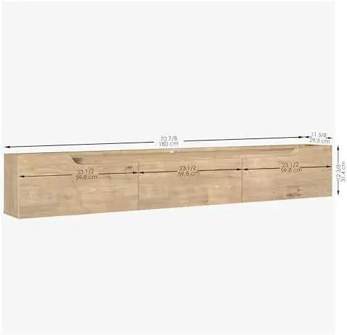 Floating wall-mounted TV stand with cable management in oak and white