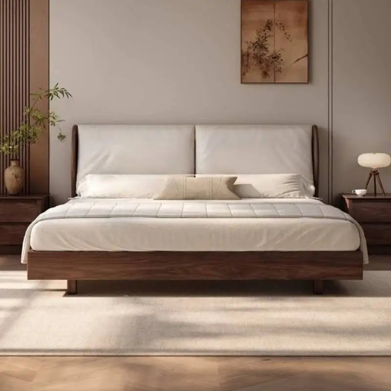 Japandi Walnut Platform Bed - Low Profile Solid Wood