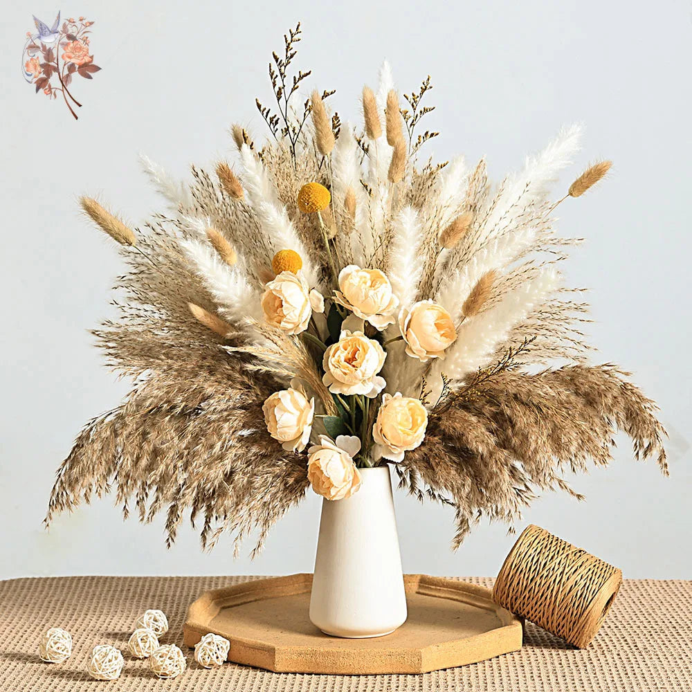 Faux Peony & Pampas Mix Bouquet — Dried-Look Boho Centerpiece