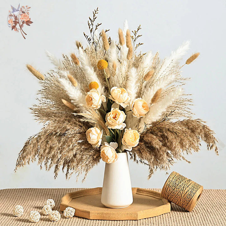 Faux Peony & Pampas Mix Bouquet — Dried-Look Boho Centerpiece