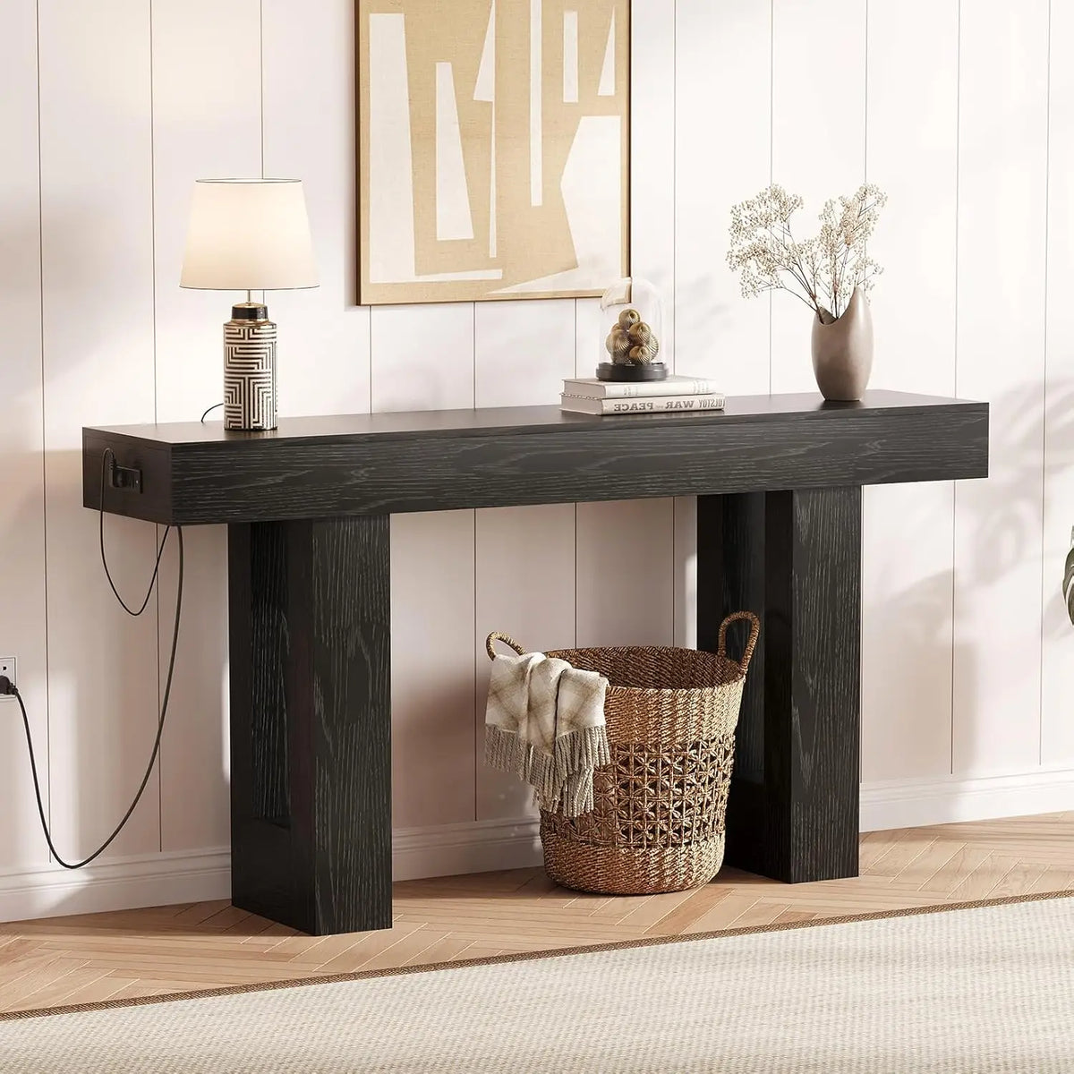 Console table with built-in power outlets in an entryway