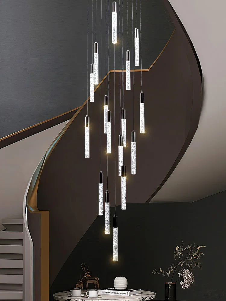 Minimalist cylindrical crystal staircase chandelier