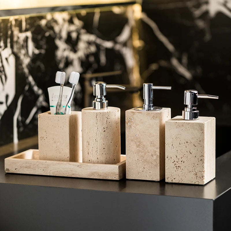Beige Travertine Bathroom Accessory Set — 9-Piece