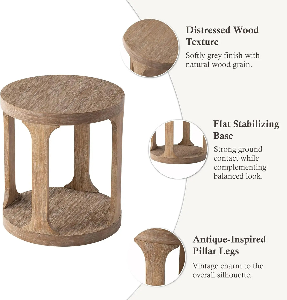 Farmhouse round pedestal end table in coastal wood grey finish