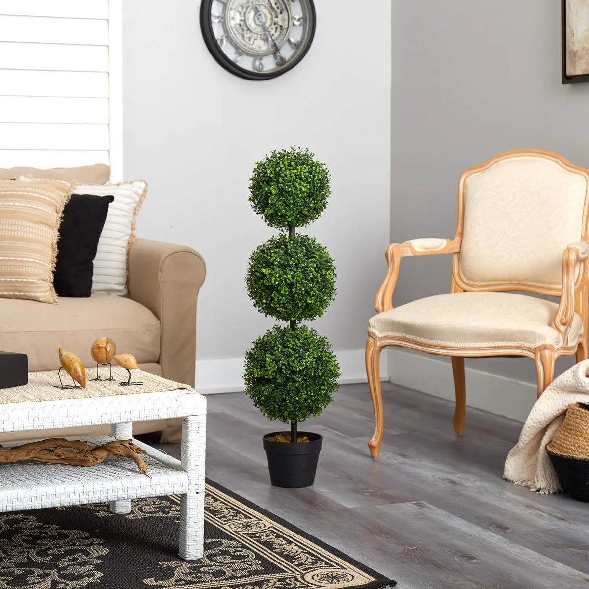 Artificial Triple Ball Boxwood Topiary — 36in, Black Planter