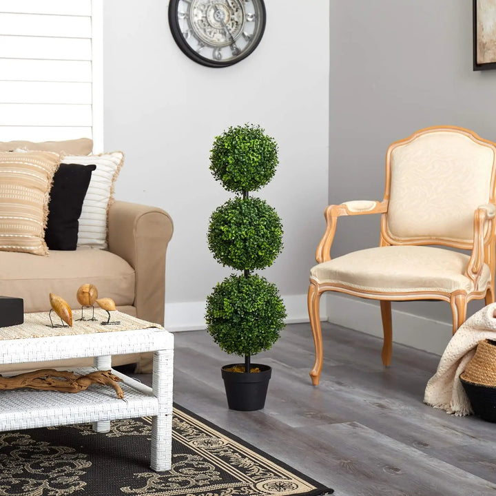 Artificial Triple Ball Boxwood Topiary — 36in, Black Planter