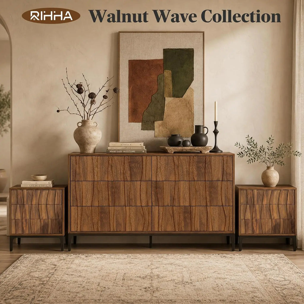 Mid-Century Walnut Nightstand Set of 2, Wave-Front
