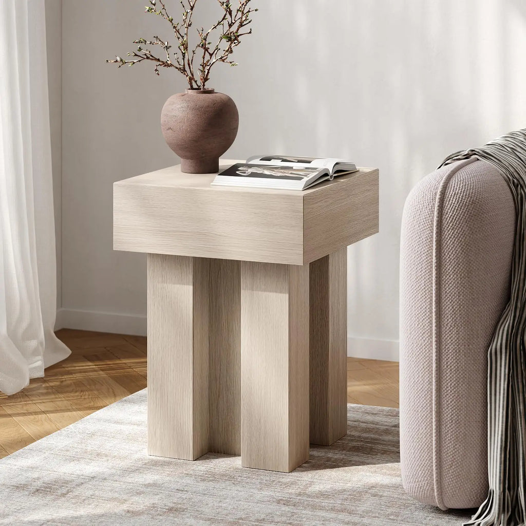 Square pedestal wood end table in modern oak design