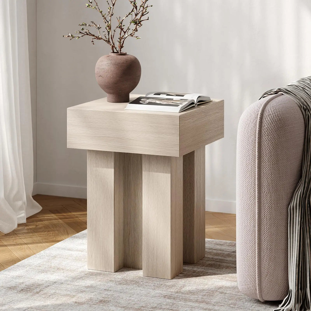 Square pedestal wood end table in modern oak design