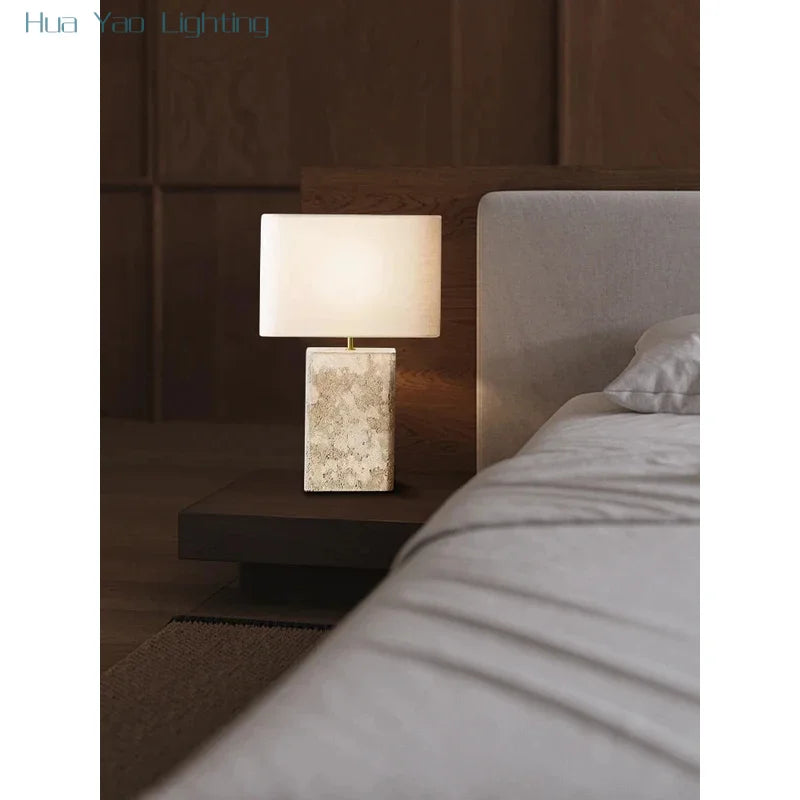 Natural cave stone table lamp with fabric shade