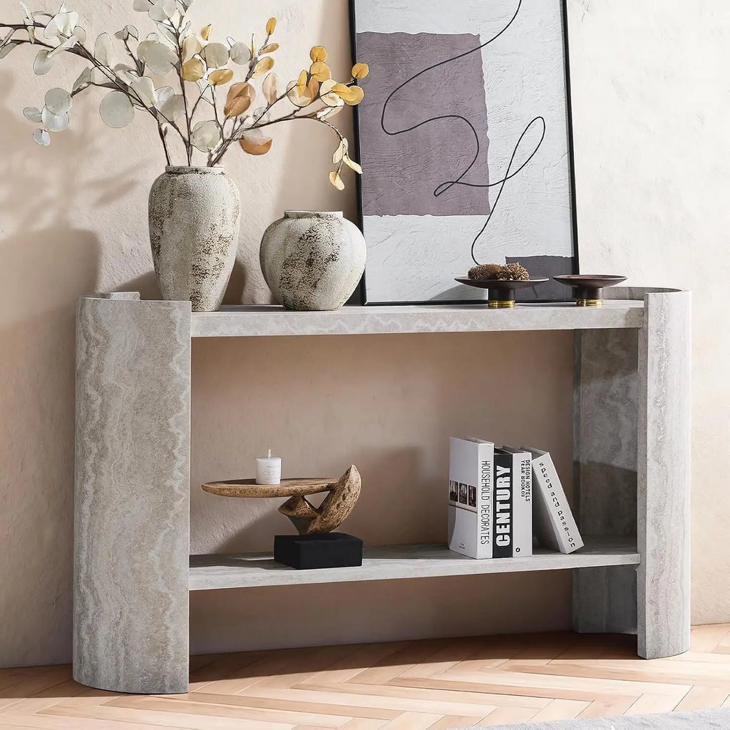 Faux marble console table with wood base and open shelf