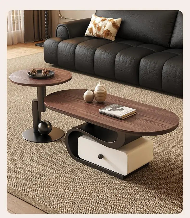 Rotating oval wood coffee table — front angle detail