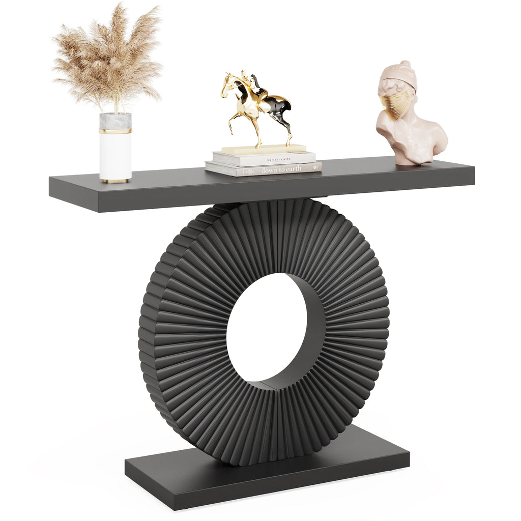 Wood console table with geometric base — close-up finish detail