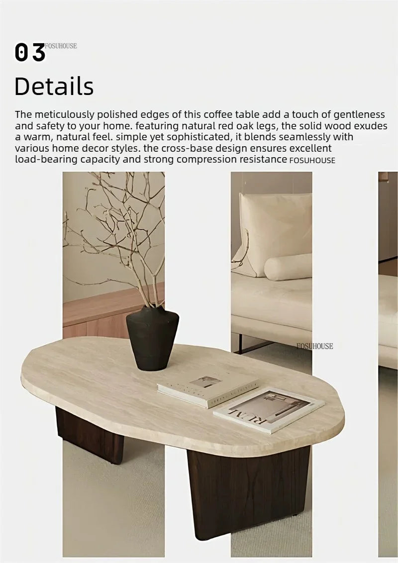 Natural wood low-profile coffee table — front detail view