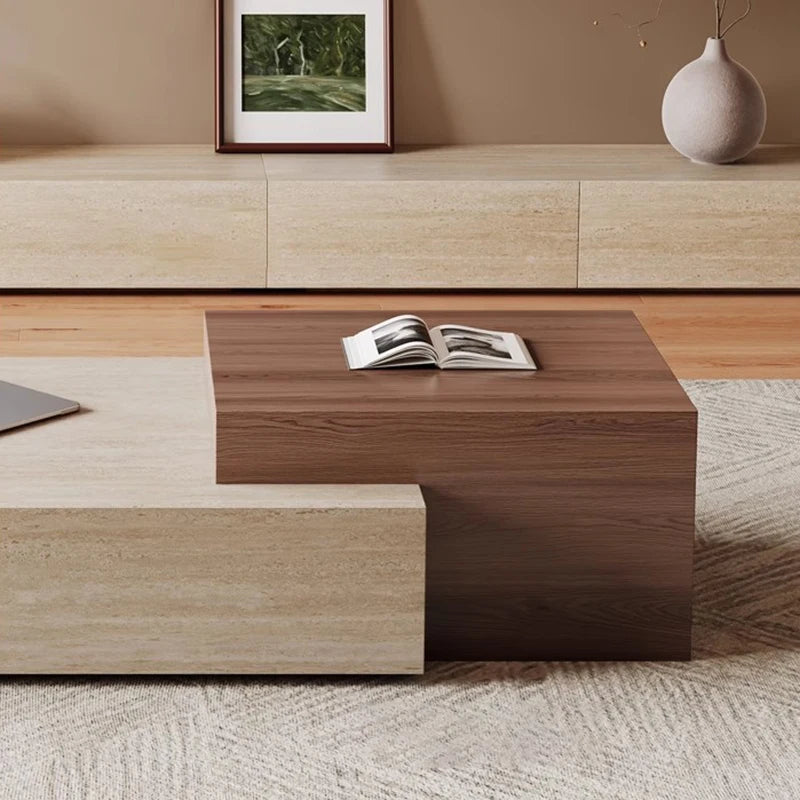 Sculptural Wabi-Sabi Coffee Table - Travertine & Walnut