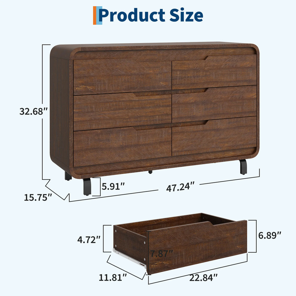 47" Wide 6-Drawer Dresser — Rounded Corners, Hidden Handles