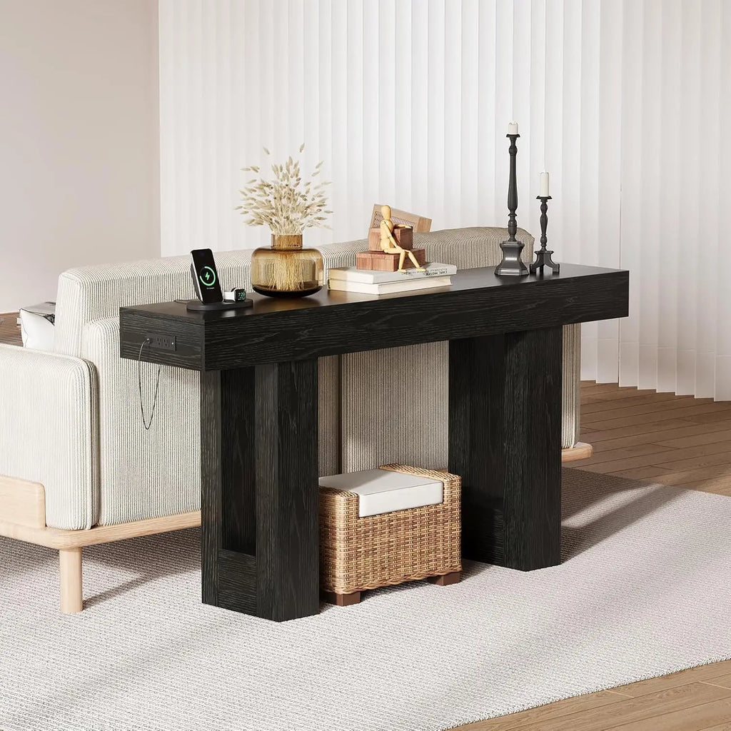 Console table with built-in power outlets in an entryway