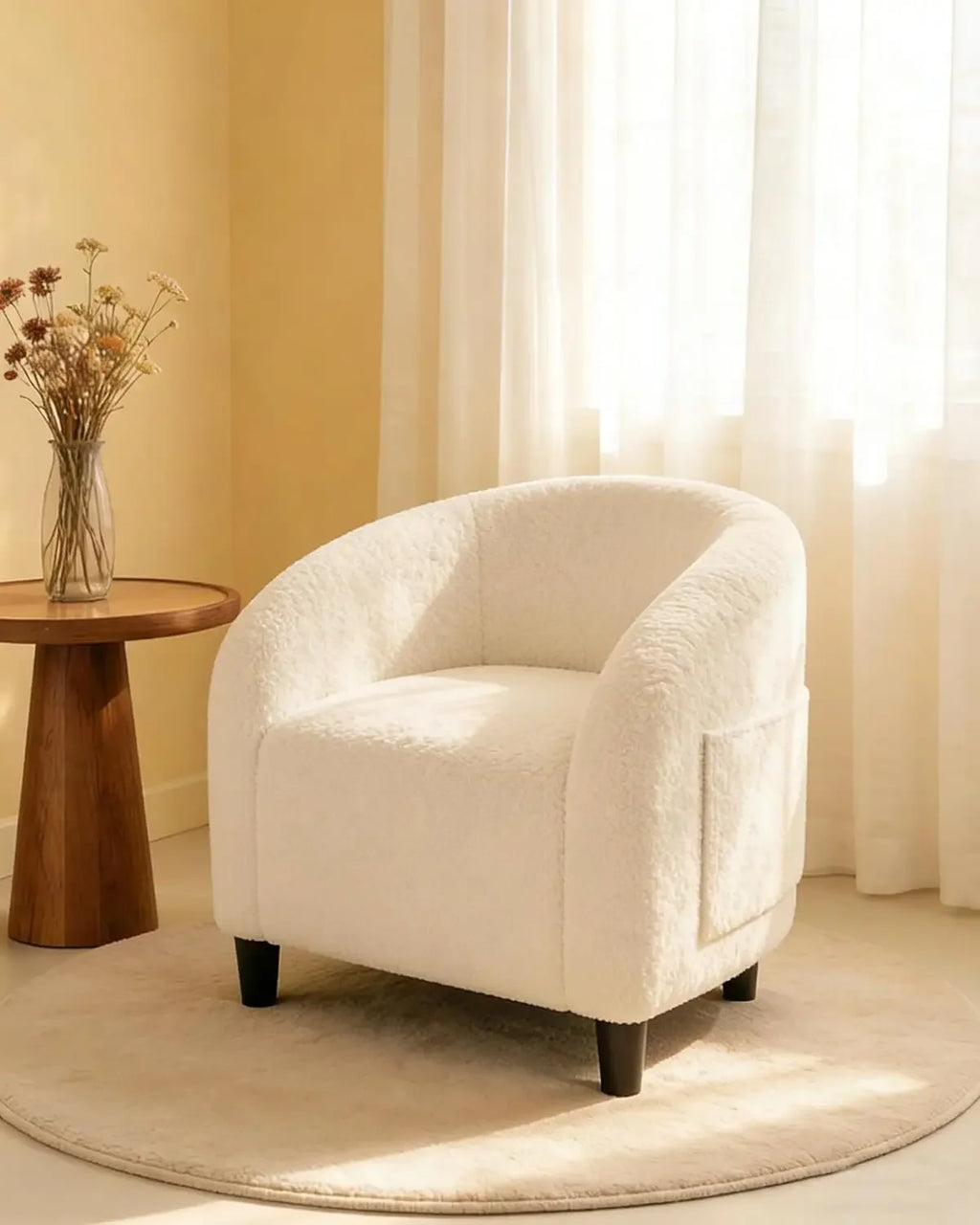 Beige boucle barrel accent chair — main product view