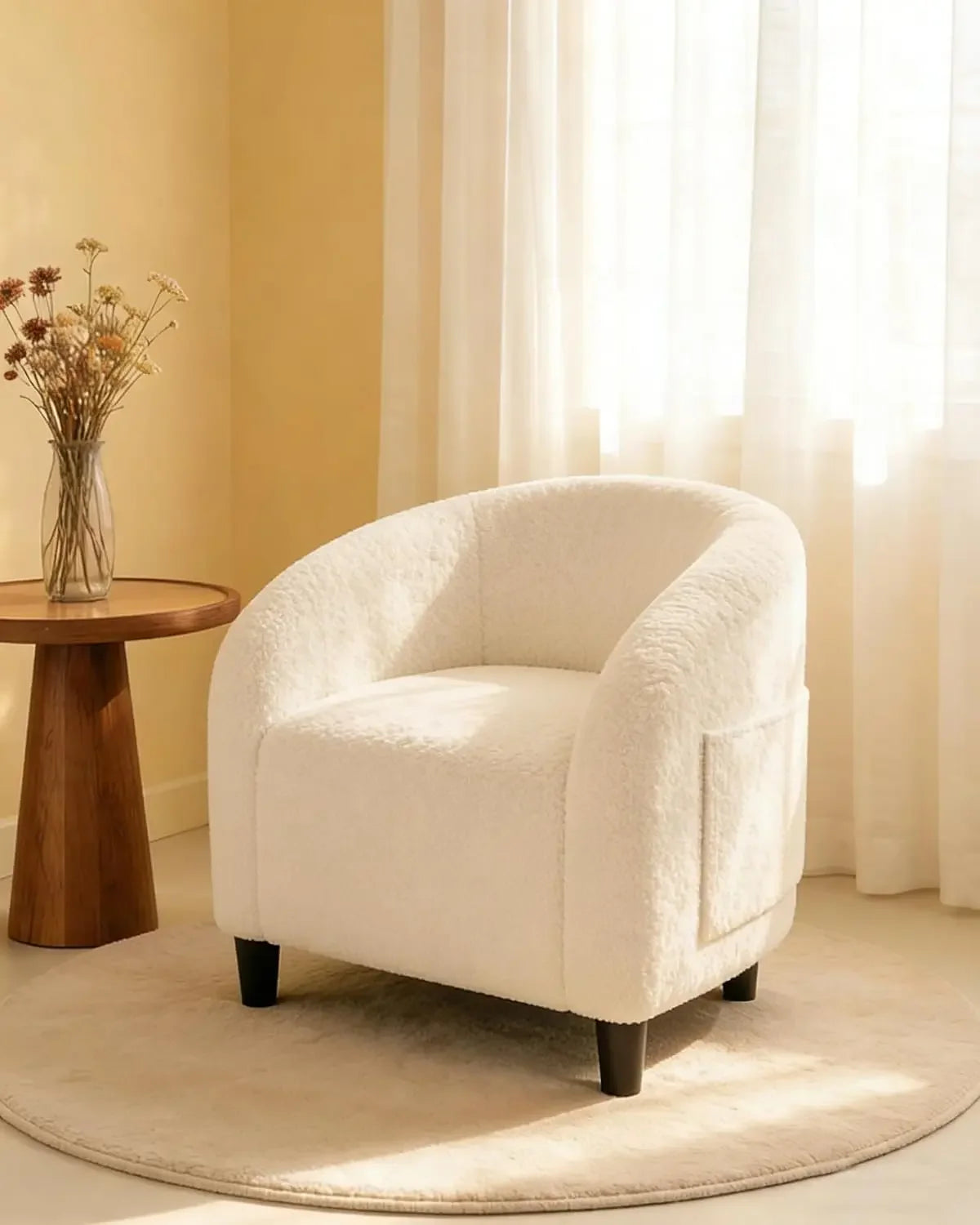 Beige boucle barrel accent chair — alternate angle