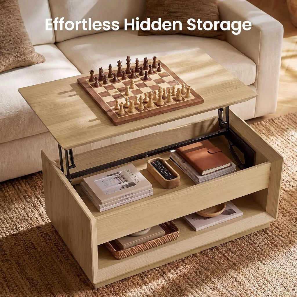 Lift-top storage coffee table with natural wood finish in a living room setting
