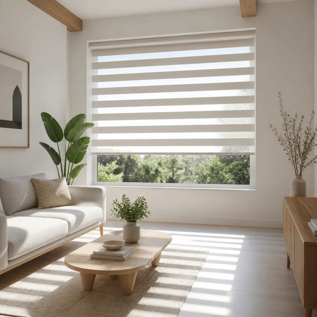 Zebra Blind Day Night Dual Sheer Blackout Roller Shade Window Treatment Custom Size Living Room Bedroom Waterproof UV Resistant — room setting
