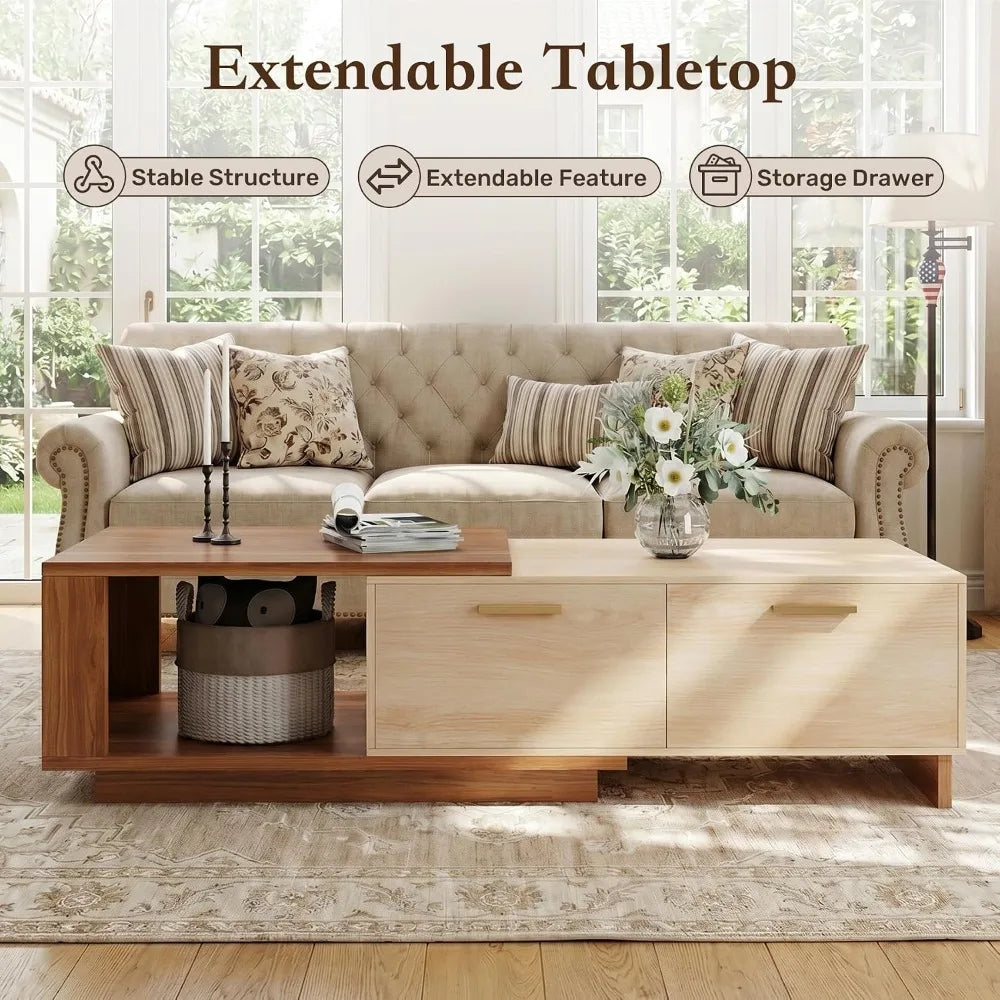 Extendable two-tone coffee table with sliding top and drawers