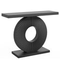 Wood console table with geometric base — side product view